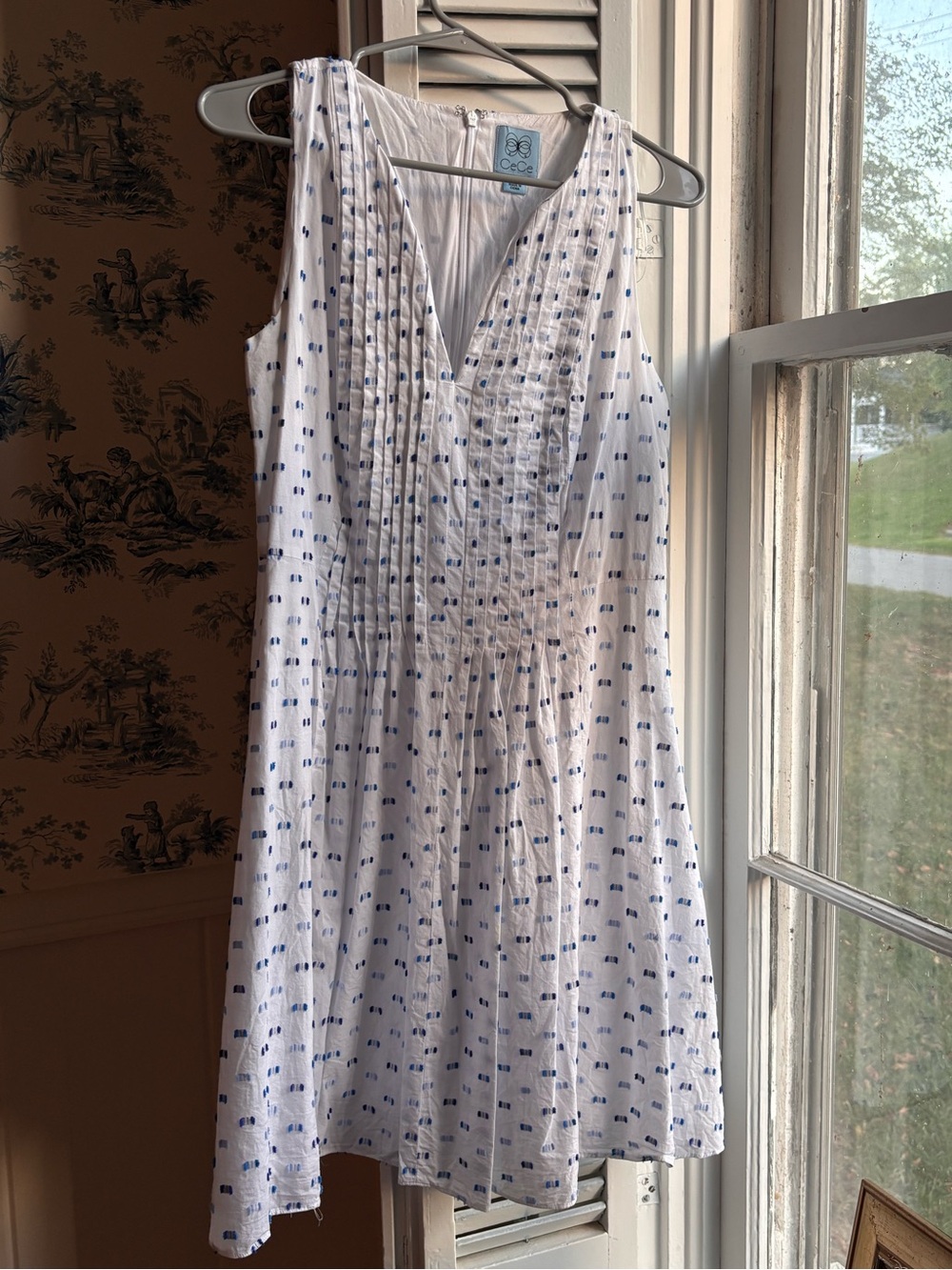 CECE Sleeveless White & Blue Pintuck Sundress